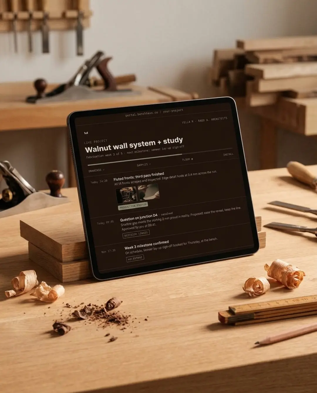 The Benchhaus project portal: live milestones, production photos, decisions logged